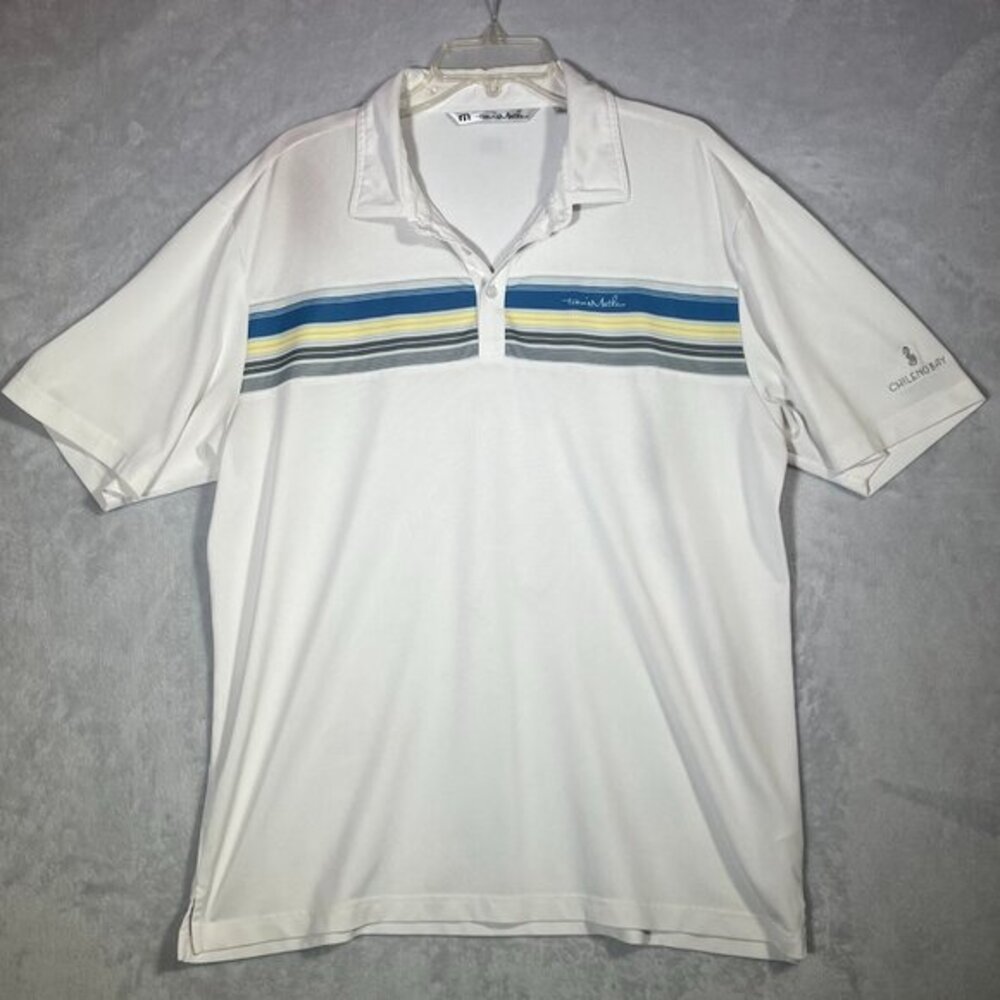 Travis Mathew Polo Mens XL White Shirt Short Sleeve Striped Golf Athletic *Read*